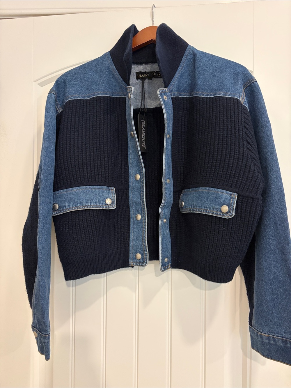 Blank NYC Navy Knit and Light Blue Denim Mixed-Media Jacket
